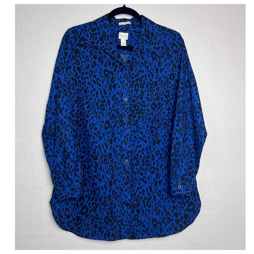 Chico's No-Iron Blue Leopard Print Long Sleeve Button Shirt Tunic Size 1 (Small)
